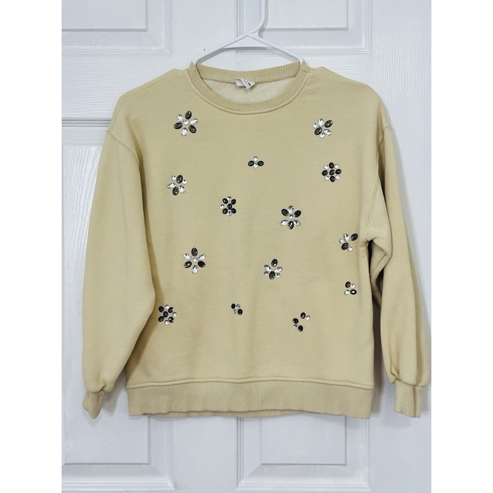 ZARA Girls Beige Embellished Sweatshirt Rhinestone Floral Crewneck Pullover 10